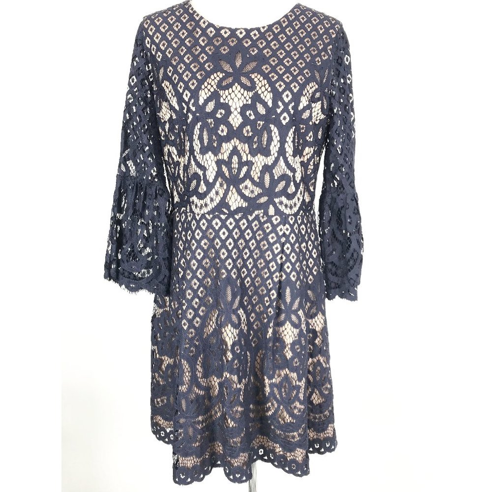 Eliza J Lace A Line Dress Womens Size 14 Navy Blue Bell Sleeves Gold Tone Zipper